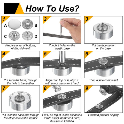 Installation guide for 24 Piece Leather Snap Fastener Kit Matte Black 20mm Brass Press Stud Buttons With 4 Install Tools