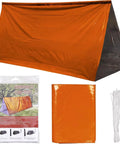 Emergency Survival Tent Mylar Thermal Shelter for 1 or 2 People, waterproof orange tent, ropes, and packaging.