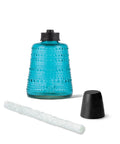 Carnival Glass Tabletop Torches 3 Pack for Patio Backyard and Garden Lighting in Blue with wick and cap shown separately.