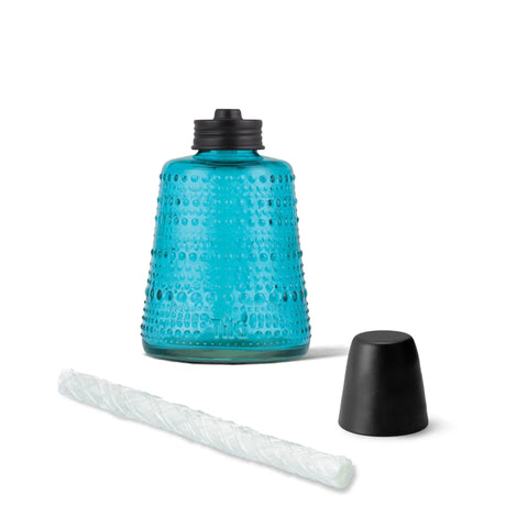 Carnival Glass Tabletop Torches 3 Pack for Patio Backyard and Garden Lighting in Blue with wick and cap shown separately.