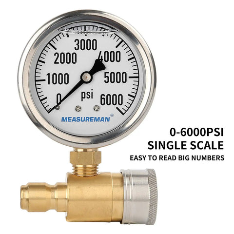 Glycerin Filled Two And A Half Inch Pressure Washer Gauge Kit Pro Grade With 0-6000 PSI Range Three Eighths Inch Quick Connect