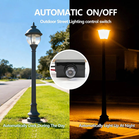Day-night cycle of street lamp using 2 Pack Dusk To Dawn Photocell Light Sensor Outdoor Lighting Control Switch Black With Wired Connection