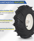 13x5.00-6 Tubeless Tiller Tire And Wheel Set with 1 Inch Axle, 3-1/8 Inch Centered Hub, side view showing rubber tire and iron rims