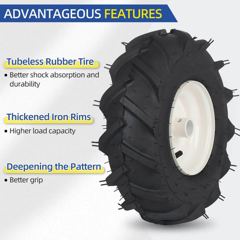 13x5.00-6 Tubeless Tiller Tire And Wheel Set with 1 Inch Axle, 3-1/8 Inch Centered Hub, side view showing rubber tire and iron rims