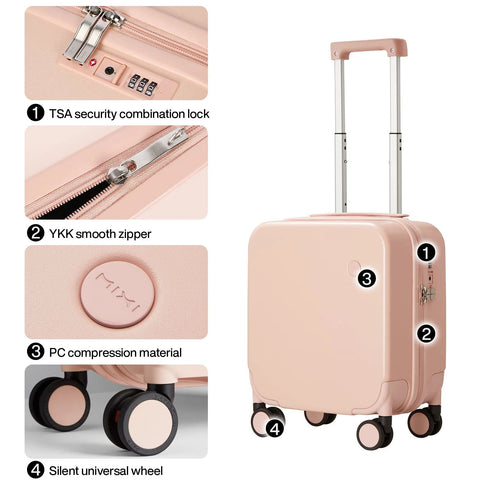 lightweight underseat carry-on luggage with TSA lock, smooth zipper, durable PC material, and silent spinner wheels