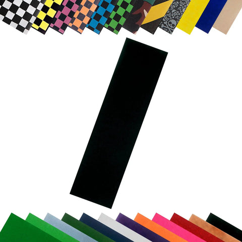 9 By 33 Inch Grip Tape Sheet For Skateboards Cruisers And Scooters Black 80 Grit Adhesive Backed displayed with colored patterns
