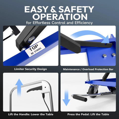 Easy operation features of Rock Solid Double Scissor Hydraulic Lift Table Cart with controls and safety designs.