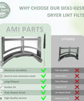 Comparison chart of dryer lint filter replacement kit with brush, stainless steel mesh, DC61-02595A, features vs competitors