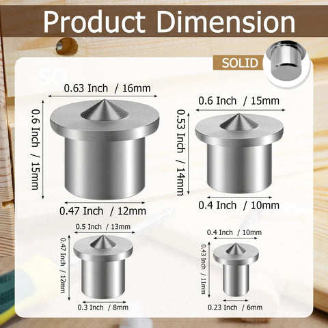 Rock Solid Stainless Steel Dowel Pins Center Point Set With 40 Pieces Precision Drilling Template showing size dimensions of each pin.