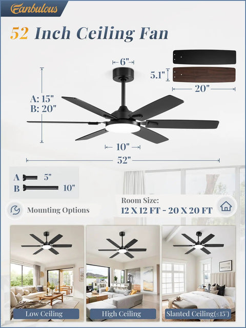 52 Inch Indoor Outdoor Ceiling Fan With Lights, Modern Reversible Blades, Quiet DC Motor, Dual Finish, mounting options