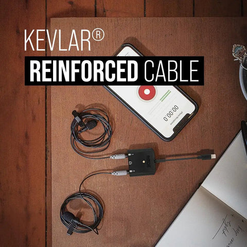 SmartLav Plus Lavalier Microphone for Smartphones and Tablets With Clip-On Mount and Foam Pop Shield on wooden desk