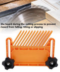 Heavy Duty Stackable Featherboard Woodshop Safety Kickback Blocker Table Saw Router Table Band Saw Dead Grip Clamping Accessory, orange jig holding wood near a saw blade.