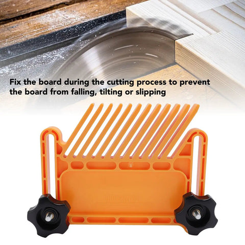 Heavy Duty Stackable Featherboard Woodshop Safety Kickback Blocker Table Saw Router Table Band Saw Dead Grip Clamping Accessory, orange jig holding wood near a saw blade.