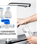 Super Easy Push To Connect White Pom Water Purifier Fittings Kit With 10 Pieces Smooth Hose Connectors No Burrs For Home Filters And Professional Use Super Durable And Quick Install, white push-fit connectors shown installed