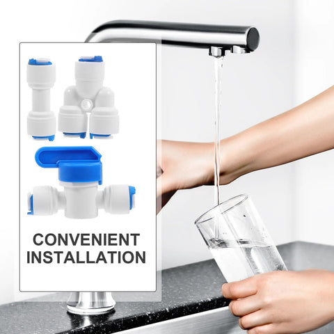 Super Easy Push To Connect White Pom Water Purifier Fittings Kit With 10 Pieces Smooth Hose Connectors No Burrs For Home Filters And Professional Use Super Durable And Quick Install, white push-fit connectors shown installed