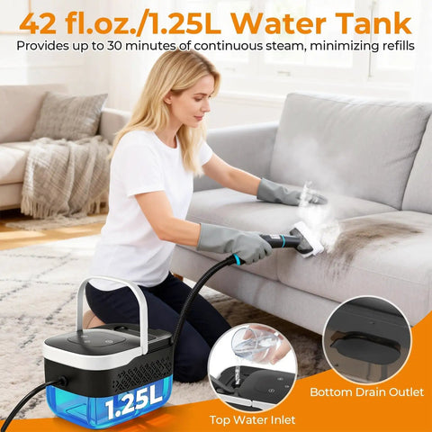 Handheld One Point Two Five Liter Steam Cleaner With Killer Steam Power And Fast High Output For Chemical Free Auto Wash And Kitchen Or Garage Grease Removal In Smooth White Design That Beats Every Stain Dead in use on couch stains.