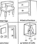 Illustrations showing usage of 40 Piece Round Heavy Duty Nail On Felt Pads For Furniture Legs And Table And Chair Feet Floor Protectors That Glide Smoothly Brown 18mm Nail Diameter With 15mm Felt Pad on chair legs, back of furniture, behind door, and bottom of crafts.