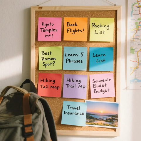 Bright Color 3x3 Sticky Notes Pack With 18 Pads And 50 Sheets Each Super Sticky Recyclable Note Set For Home Office School Vibrant 9 Color Assortment Easy Organization On Point Reminders on corkboard with travel plans.