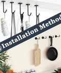 Two installation methods for Five Pack Ceiling Hooks For Hanging Plants 110mm Stainless Steel Indoor Plant Hangers Black Matte Rust Resistant Durable Plant Brackets Lanterns Chimes Coffee Mugs Under Cabinet Screw Mounted shown with various items.