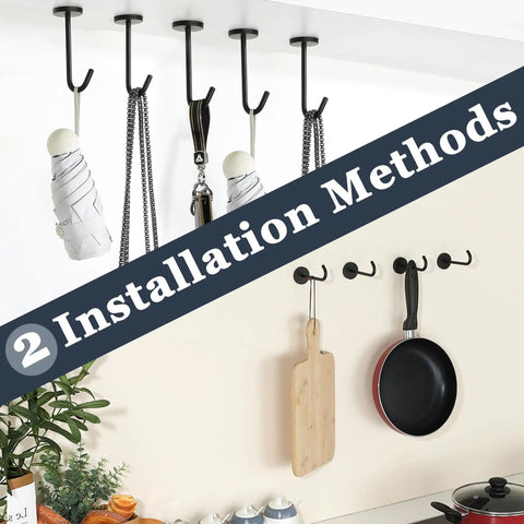 Two installation methods for Five Pack Ceiling Hooks For Hanging Plants 110mm Stainless Steel Indoor Plant Hangers Black Matte Rust Resistant Durable Plant Brackets Lanterns Chimes Coffee Mugs Under Cabinet Screw Mounted shown with various items.