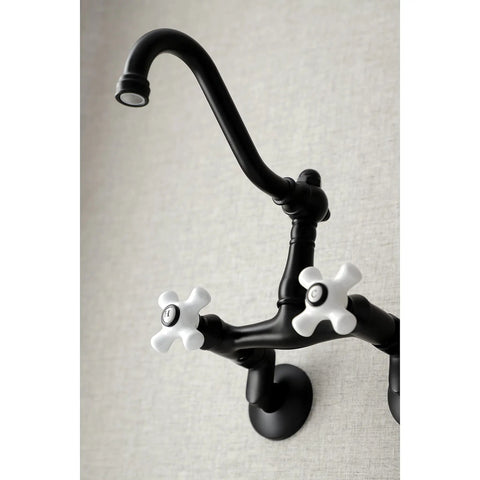 Vintage Center Wall Mount Kitchen Faucet In Matte Black With Adjustable Center Spacing From 3.5 To 8.5 Inches, Solid Brass Construction