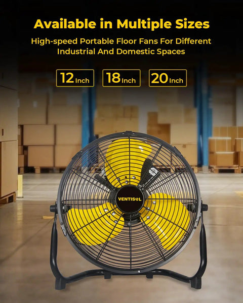 12 Inch Portable Floor Fan With 3 Speed Settings, Heavy Duty Metal Construction Delivers 1700 CFM High Velocity Breeze in warehouse
