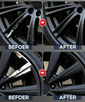 Before and after images showing alloy wheel curb rash repair using Straight From The Shop Matte Black Rim Repair Kit.