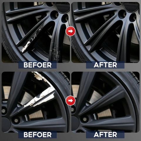 Before and after images showing alloy wheel curb rash repair using Straight From The Shop Matte Black Rim Repair Kit.