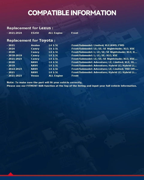 Compatible information for Front Wheel Bearing And Hub Assembly 513448 Drop In Fit For Toyota RAV4 2019 To 2023