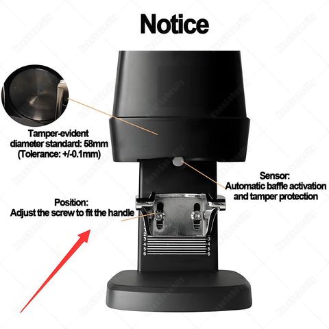 Fully Automatic Electric Espresso Tamper With Adjustable Ten To Thirty Pound Pressure fits 58mm portafilter with sensor and screw adjustment.