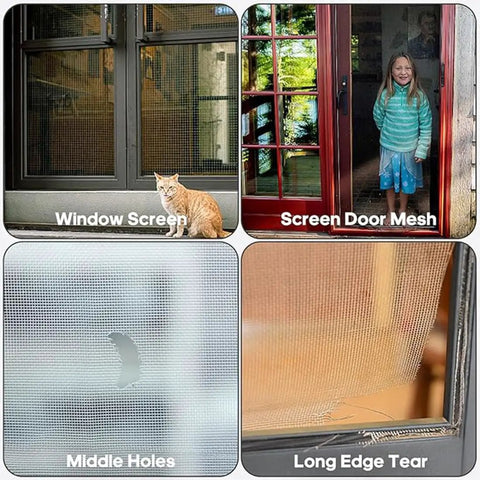 Black Self Adhesive Window Screen Repair Kit with Mesh Patch Tape Four Size Options for Screens and Drain Holes visible.