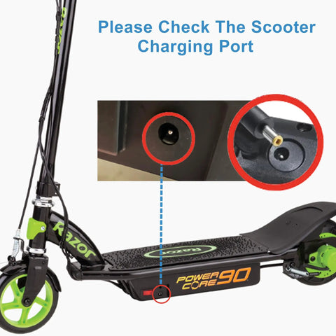 12V Replacement Charger For Power Core 90 And E90 E95 Electric Scooters And Kids Ride Ons showing charging port details