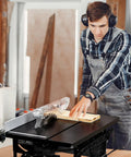 Person using a Compact Jobsite Table Saw With An 8 Inch 24 Tooth Blade Driven By A 6.7 Amp Pure Copper Motor Spinning 3576 Rpm.