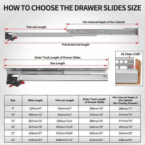 How to choose drawer slides size chart for Undermount Soft Close Heavy Duty Drawer Slides For 21 Inch Drawers, 80LB Capacity, Bottom Mount Rails With Copper Hydraulic Buffer And Double Spring System Delivering Quiet, Smooth, Pro Grade Closing For Kitchen Cabinets And Tool Chests For DIYers.