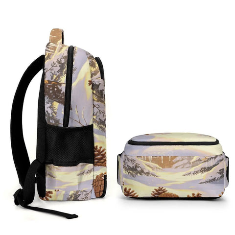 Side and top view of Winter Pine Landscape Backpack Unisex Daypack with large capacity, durable polyester fabric, and pine design.