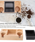 Premium Wood Espresso Tamper Holder Stand With Knock Box Built Damn Tough For Smoother Tamping Straight Fire Portable Barista Station on countertop.