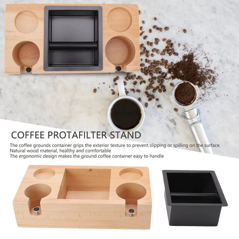 Premium Wood Espresso Tamper Holder Stand With Knock Box Built Damn Tough For Smoother Tamping Straight Fire Portable Barista Station on countertop.