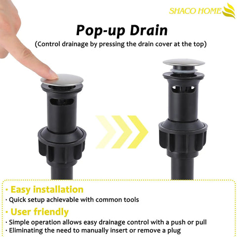 Pop-up drain for Brushed Nickel Bathroom Faucet With Cross Handles, Antique Vintage Style, easy installation shown.