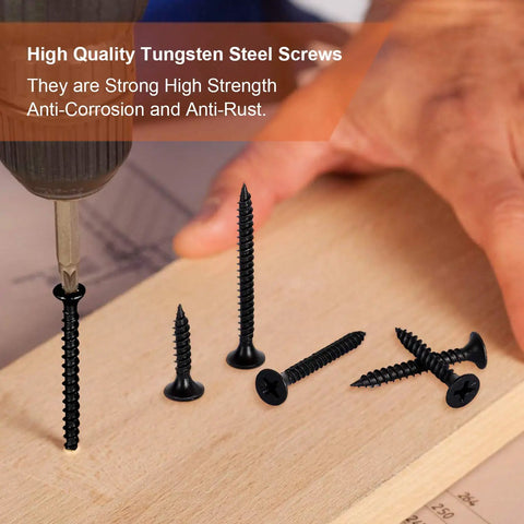 Pro Grade Drywall Screws Set With 190 Pcs Black Steel Self Tapping Phillips Screws shown on wood with screwdriver