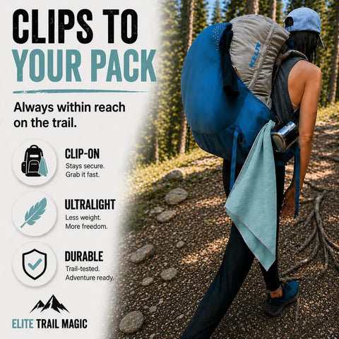 Hiker with Ultralight Backpacking Quick Dry Microfiber Towel for Camping and Hiking clipped to backpack on trail