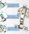 Close-up of 26mm mounting holes soft close cabinet hinge, showcasing shallow hinge cup design and adjustable screws for full overlay installation.