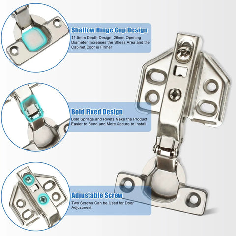 Close-up of 26mm mounting holes soft close cabinet hinge, showcasing shallow hinge cup design and adjustable screws for full overlay installation.