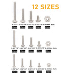Pro Grade Pan Head Phillips Machine Screws And Hex Nuts Assortment Kit 360 Piece 304 Stainless Steel displayed in 12 sizes.