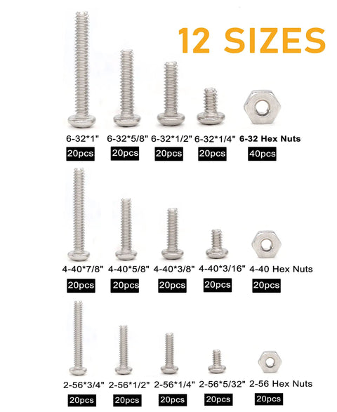 Pro Grade Pan Head Phillips Machine Screws And Hex Nuts Assortment Kit 360 Piece 304 Stainless Steel displayed in 12 sizes.