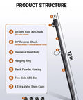Tire pressure gauge, side view: EVOULTES heavy-duty, 12in stainless steel with straight foot air chuck, 10–150 PSI