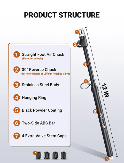 Tire pressure gauge, side view: EVOULTES heavy-duty, 12in stainless steel with straight foot air chuck, 10–150 PSI