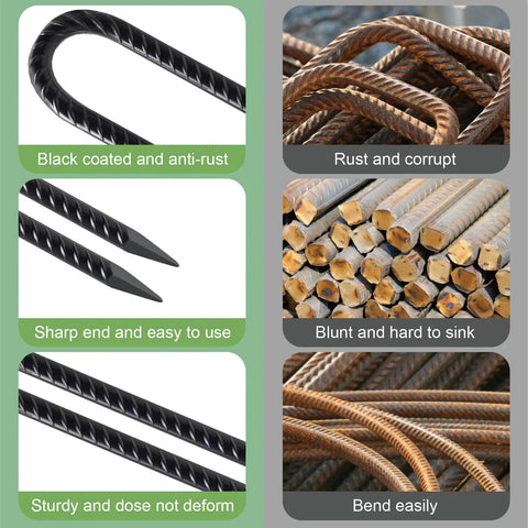 Comparison of 16 Pack 12 Inch J Hook Ground Stakes Heavy Duty Steel Anchors and other non-coated, blunt steel stakes.