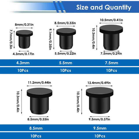 Diagram of 50 Pack Silicone Rubber Hole Plugs For Round Holes In 4mm 5.5mm 7.5mm 8.5mm 9.5mm Sizes with dimensions