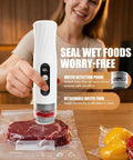Person using Portable Vacuum Sealer For Food With Visible Water Tank 60kPa Powerful Handheld Vacuum Sealer One Touch Auto Seal And Pulse Mode For Delicate Foods Includes 20 Reusable Bags Keeps Food Fresh Up To Six Times Longer on meat