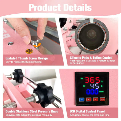 Close-up of 3-In-1 Tumbler Heat Press Machine For 16 Oz To 40 Oz Tumblers And 11 Oz To 15 Oz Mugs Pink DIY Cup Press details